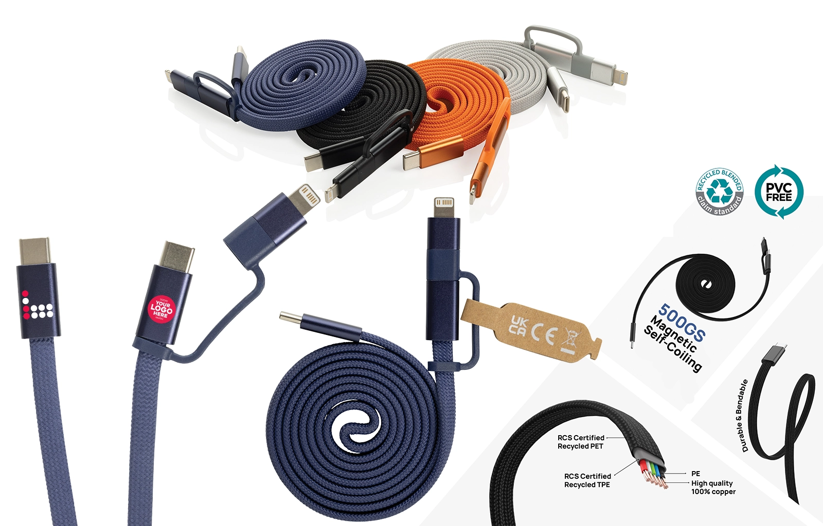 branded magnetic charging cable, Arc RCS recycled Ultra-thin 60W 2 in 1 magnetic cable, bounce creative designs
