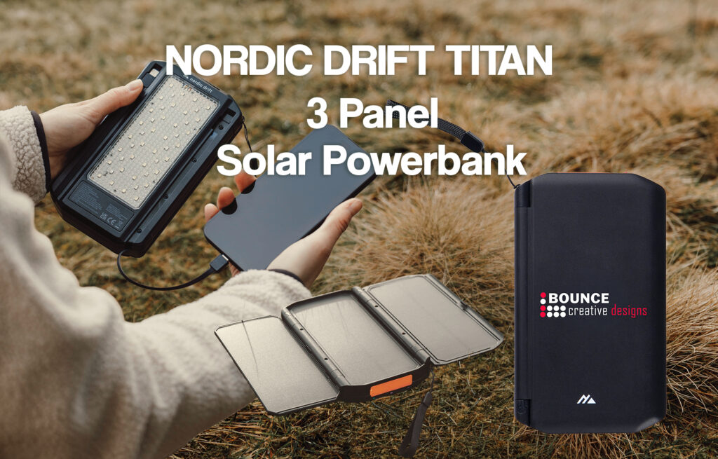 bounce creative designs branded solar power banks Nordic Drift Titan 10.000mAh solar powerbank with 3 panels