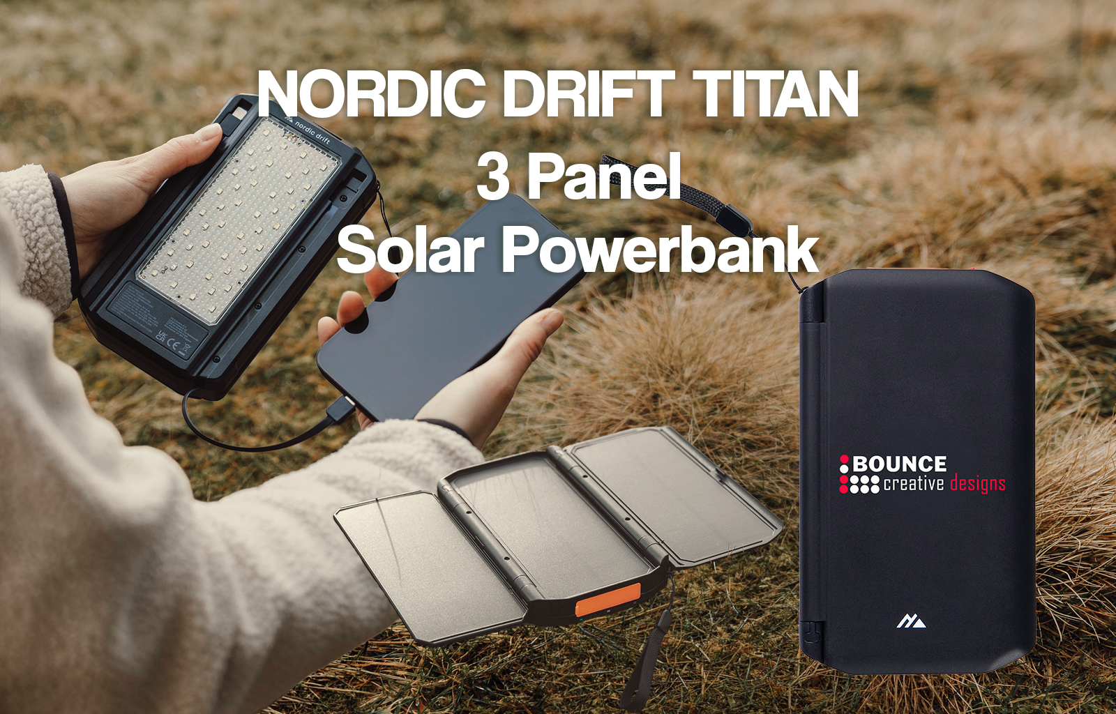 bounce creative designs branded solar power banks Nordic Drift Titan 10.000mAh solar powerbank with 3 panels