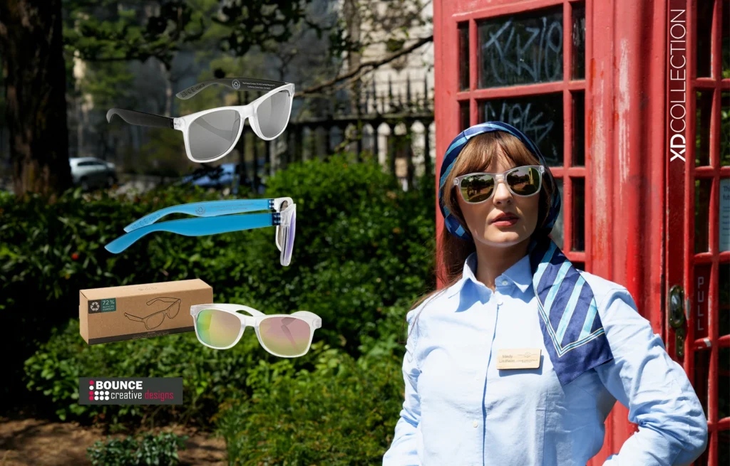 Promotional sunglasses, Gleam RCS recycled PC mirror lens sunglasses, bounce creative designs