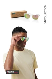 Promotional sunglasses, Gleam RCS recycled PC mirror lens sunglasses, bounce creative designs