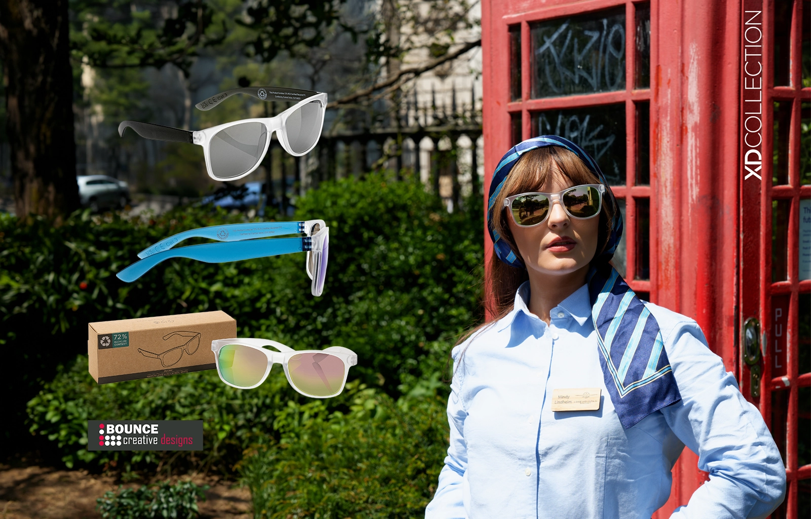 Promotional sunglasses, Gleam RCS recycled PC mirror lens sunglasses, bounce creative designs