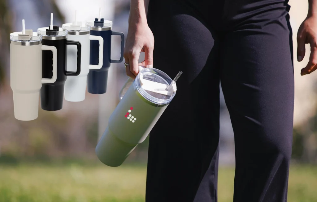 Peakflow 1200ml custom recycled steel tumbler with comfort-grip handle and vacuum insulation, available from Bounce Creative Designs.