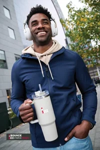 Peakflow 1200ml custom recycled steel tumbler with comfort-grip handle and vacuum insulation, available from Bounce Creative Designs.