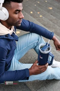 Peakflow 1200ml custom recycled steel tumbler with comfort-grip handle and vacuum insulation, available from Bounce Creative Designs.