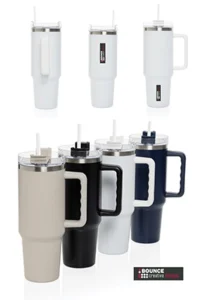 Peakflow 1200ml custom recycled steel tumbler with comfort-grip handle and vacuum insulation, available from Bounce Creative Designs.