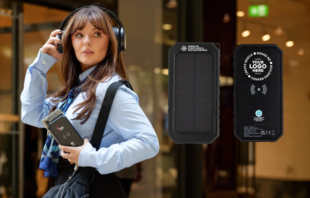 solar power bank, RCS recycled plastic Solar powerbank with 10W Wireless, bounce creative designs