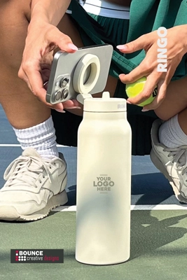 Buy custom branded magsafe water bottles featuring custom company logos, available now from Bounce Creative Designs for corporate gifting and employee rewards.