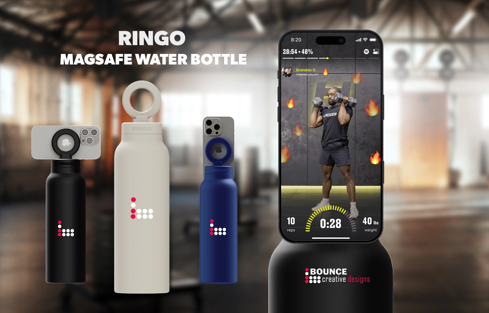 Buy custom branded magsafe water bottles featuring custom company logos, available now from Bounce Creative Designs for corporate gifting and employee rewards.