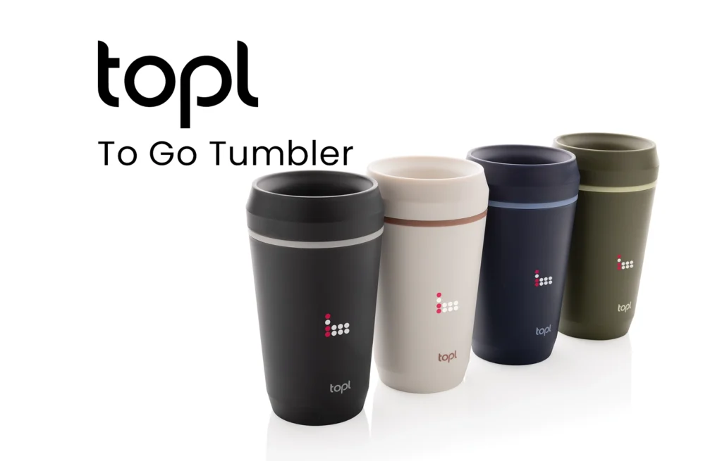 Topl To Go Tumbler with 360 drinking Lid, available from bounce creative designs