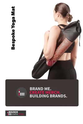 premium custom branded yoga mats featuring a full-colour corporate logo, laid out on a professional studio floor, available from Bounce Creative Designs.