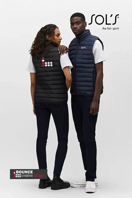 branded bodywarmers featuring multi-colour chest logos for corporate staff workwear and winter uniforms.