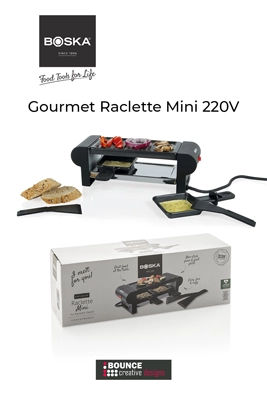BOSKA Gourmet Raclette Mini set styled for a cosy winter evening, available for custom holiday branding from Bounce Creative Designs.