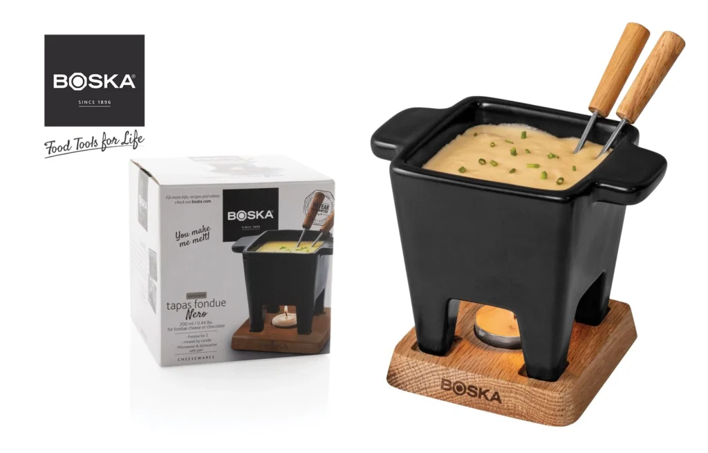 Order the BOSKA Tapas Fondue Nero in bulk with custom laser engraving to elevate commercial restaurant and hotel tabletops.