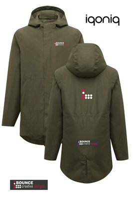 Team members wearing the custom embroidered recycled winter parka from Bounce Creative Designs, featuring multi-colour chest and back branding.