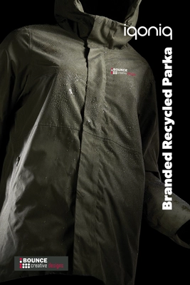 Team members wearing the custom embroidered recycled winter parka from Bounce Creative Designs, featuring multi-colour chest and back branding.