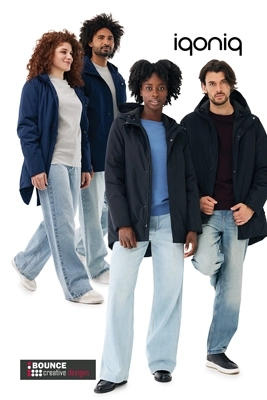Team members wearing the custom embroidered recycled winter parka from Bounce Creative Designs, featuring multi-colour chest and back branding.