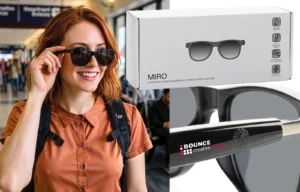 Branded AI smart glasses outdoors while managing an outdoor corporate event, available from Bounce Creative Designs.