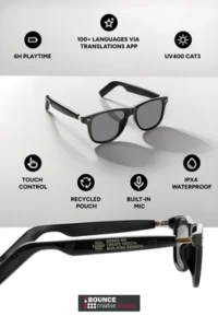 Branded AI smart glasses outdoors while managing an outdoor corporate event, available from Bounce Creative Designs.