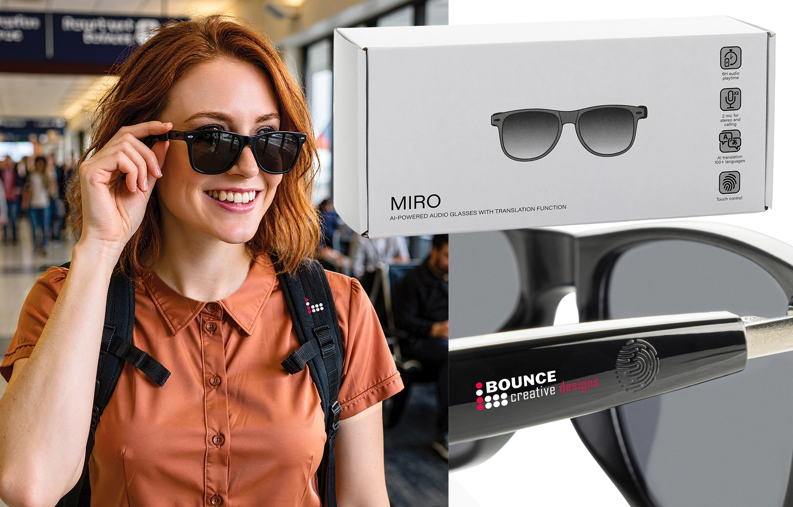 Branded AI smart glasses outdoors while managing an outdoor corporate event, available from Bounce Creative Designs.