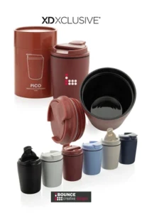 Custom branded 220 ml recycled stainless steel travel mug featuring a secure spillproof lid and custom business logo branding