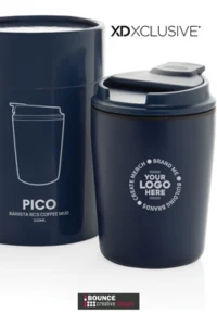Custom branded 220 ml recycled stainless steel travel mug featuring a secure spillproof lid and custom business logo branding