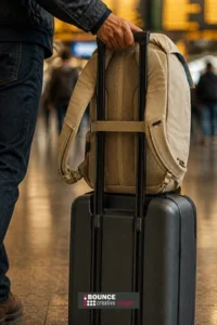 Close-up of the secure magnetic closure on the Thule Paramount Backpack 20L, featuring a 16-inch padded compartment within a premier business laptop backpack.