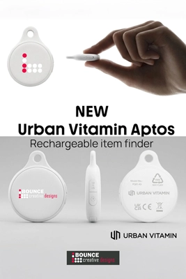 Promotional Urban Vitamin Aptos tracker with logo, compatible with Apple Find My and Google Find Hub networks for global asset recovery, supplied by Bounce Creative Designs.