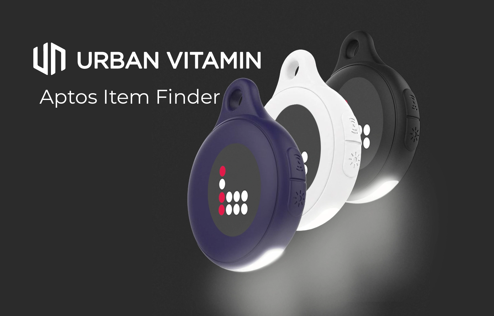 Promotional Urban Vitamin Aptos tracker with logo, compatible with Apple Find My and Google Find Hub networks for global asset recovery, supplied by Bounce Creative Designs.