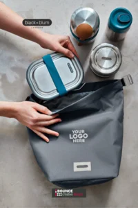 Insulated lunch cooler bag, brandable black and blum bag is available in different colours from bounce creative designs.