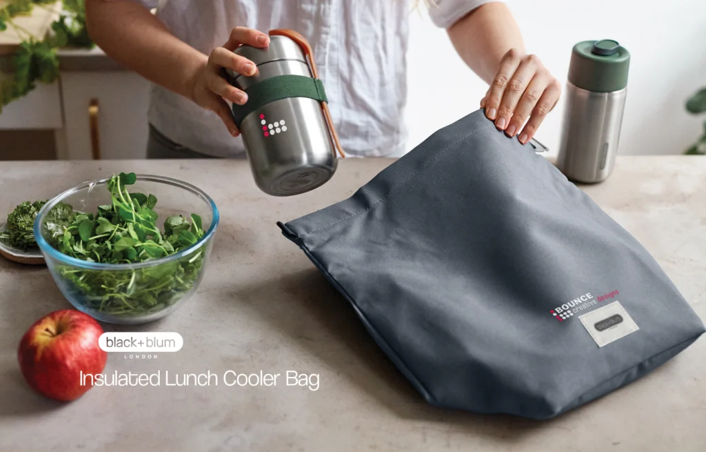 Insulated lunch cooler bag, brandable black and blum bag is available in different colours from bounce creative designs.