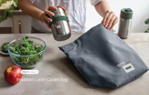 Insulated lunch cooler bag, brandable black and blum bag is available in different colours from bounce creative designs.