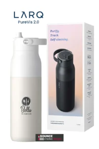 custom branded self cleaning water bottle, engineered to purify water and link to an app to remind you to hydrate, available exclusively from Bounce Creative Designs.