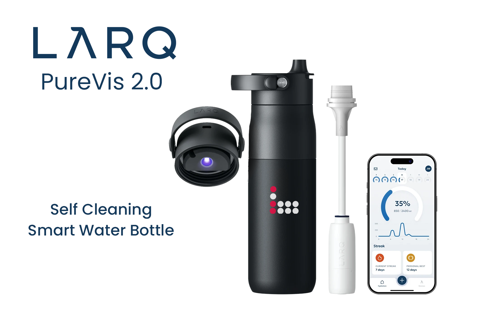 custom branded self cleaning water bottle, engineered to purify water and link to an app to remind you to hydrate, available exclusively from Bounce Creative Designs.