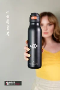 750ml RCS certified recycled stainless steel corporate water bottles with secure locking lids and multi-colour branding.