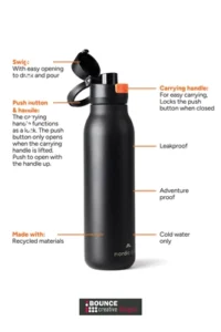 750ml RCS certified recycled stainless steel corporate water bottles with secure locking lids and multi-colour branding.