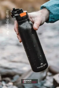 750ml RCS certified recycled stainless steel corporate water bottles with secure locking lids and multi-colour branding.