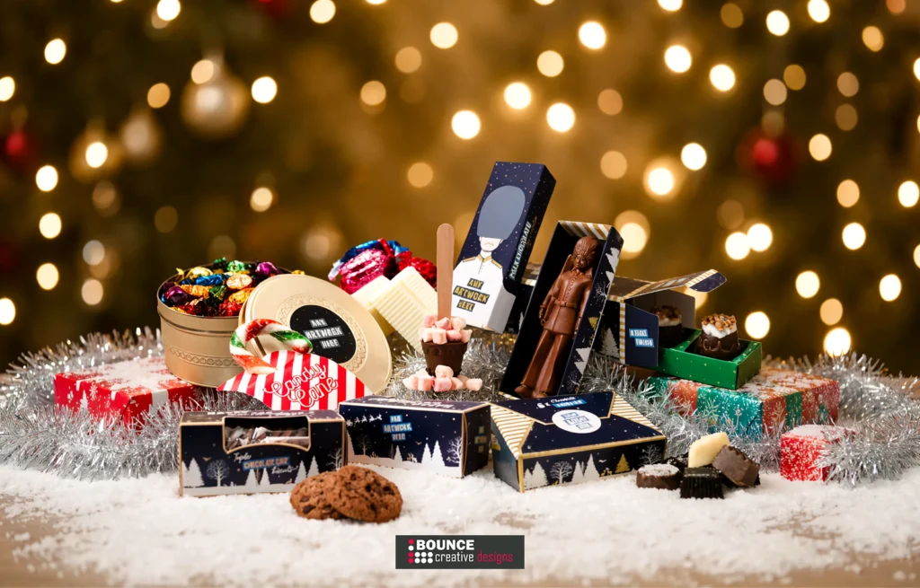 Promotional festive confectionery and custom chocolate hampers designed to delight clients and reward staff.